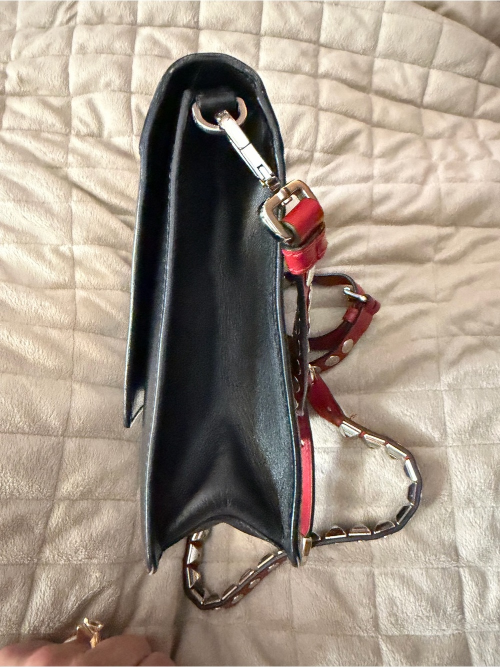 Prada Black Leather Crossbody w/Red Leather Silver-Tone Studded Strap & Accents! - Picture 9 of 15